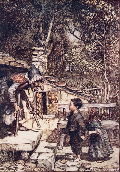 Plötzlich öffnete sich die Tür und eine alte, alte Frau, die sich auf eine Krücke stützte, kam heraus (aus den Märchen der Brüder Grimm) von Arthur Rackham